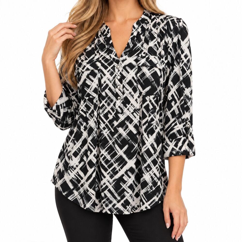Cocomo Sz XL Super Stretchy Black White Business Blouse Shirt Top Wearable Art